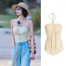 Women's Swimwear Sexy Bandeau One Piece Swimsuit Women Solid Colour Pleated Monokini Open Back Bathing Suit Push Up Straps Korea Style