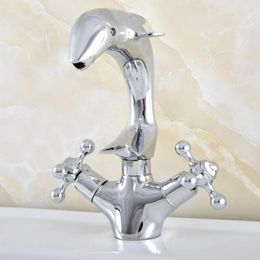 Bathroom Sink Faucets Polished Chrome Dolphin Shape Faucet Double Cross Handle Basin Tap And Cold Water Mixer Nsf855