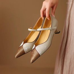 Dress Shoes 2024 Spring Women Pumps Natural Leather 34-39 Cowhide Sheepskin Pointed Toe Mixed Colours Buckle Mary Jane