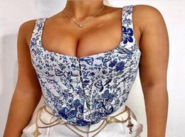 Blue And White Porcelain Crop Tank Tops Summer Spring Women Sleeveless Ethnic Hidden Breasted Zipper Vest Tops2133159