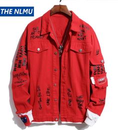 Men Red Denim Jacket Fashion Casual Letters Graffiti Jeans And Coat Hip Hop Streetwear Mens Outwear WY857 Men039s Jackets3202546