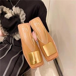 Sandals Brand Designer Women Slippers Metal Buckle Fashion Mules Flat Heels Square Toe Shallow Shoes Outdoor Slide Female Casual Sandal