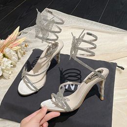 Summer Luxury Womens Rhinestone Butterfly Silver Apricot Fashion High Heel Sandals Wedding Banquet Dress Bridal Shoes 240509
