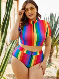 Colorful Rainbow Striped Set Two-piece Beach Swimsuit Plus Size Zipper Bandage Bikini Bathing Suit Women Swimwear L2405