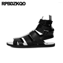 Sandals Gladiator Flats Open Toe 45 Boots Big Size Roman Real Leather Zipper Ankle Shoes Fisherman Metal Men Buckle Full Grain