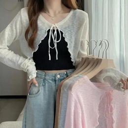 Women's Knits Women Frenum Cardigan Blouses And Tops Bow Lace Up Long Sleeve Crop Top Female Elegant Shirt Thin Aesthetic Clothes Korean