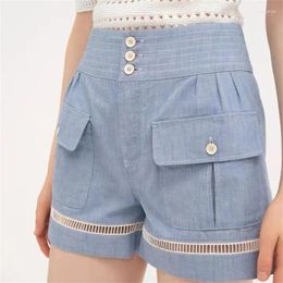 Women's Shorts 2024 Summer Korean Fashion High Waist Slim Blue Pure Cotton Hollowed Out Denim Women Pants