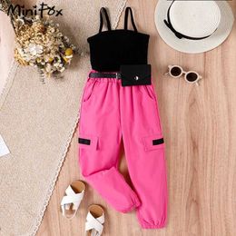 Clothing Sets MiniFox Kids Clothes Girls Outfit Sets Black Vest Top and Hot Red Cargo Pants With Waistpack 3pcs Childrens Suit Girls Clothing Y240520HG4A