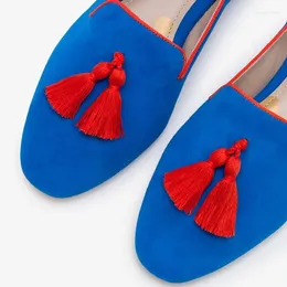 Casual Shoes Royal Blue Vegan Suede Loafers For Women Pointy Toe Flats With Fringe