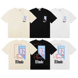 Rhude High end designer T shirts for Trendy Track Letter Printed Short sleeved T-shirt for Men and Women High Street Half Sleeves With 1:1 original labels