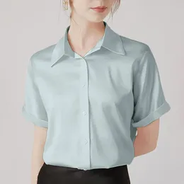 Women's Blouses Elegant Shirt For Women Summer Lapel Button Down Solid Colour Loose Versatile Draped Short Sleeve Commuter Blouse