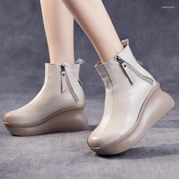 Boots 7cm Natural Cow Genuine Leather British Women Ankle Authentic Platform Wedge Elegance Comfy Designer Zipper Luxury Shoes