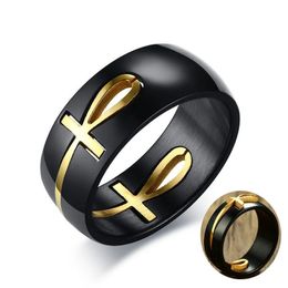 Mens Two Tones Removable Ankh Egyptian Cross Ring 14K Gold Detachable Allah Male Religious Jewellery