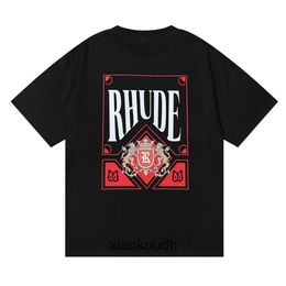 Rhude High end designer T shirts for fashion wine red card printing double yarn pure short sleeved T-shirt for men and women With 1:1 original labels