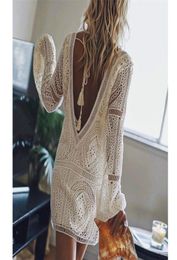 AYUALIN sexy backless beach swim coverup summer dresses white lace dress women tunic robe vintage Vneck boho vestidos plus size 23942400