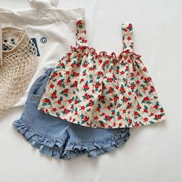 Roupa Defina o Summer Kids Casual para meninas Fragmentado Suspender Skirt+Shorts Roupas de menina infantil L2405 L2405