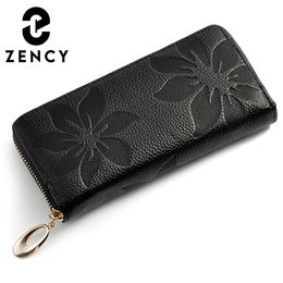 Zency Genuine Leather Wallet For Women Credit Card Case Coin Purse Long Flower Money Bag Female Retro Holder Multifunction 240520