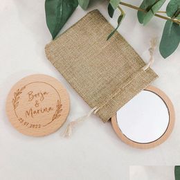 Other Event Party Supplies Personalized Wedding Favor For Girls Wooden Portable Makeup Mirror Souvenir Wood Pocket With Linen Gift Dhys6