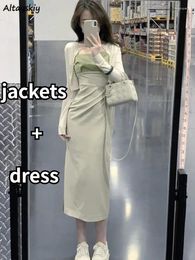 Work Dresses 2 Pcs Sets Women Sun-proof Crop Jackets Side-slit Panelled Mature Temperament Summer Aesthetic Fashion Ladies Clothing