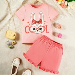 Clothing Sets Cute Little Girl Print Suit Girls Summer Crew-neck Short-sleeve Shirt Pleated Lace Shorts 2 Pieces