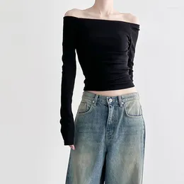 Women's T Shirts Black Solid Oblique Collar Elegant Long-sleeved T-shirt South Korean Fashion Slim Sexy Tailored Autumn Wear