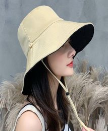 Wide Brim Hats Women Summer Fisherman039s Cap Solid Color Double Sided Sunscreen With Wind Rope Anti UV Big Bucket Hat C1887972864