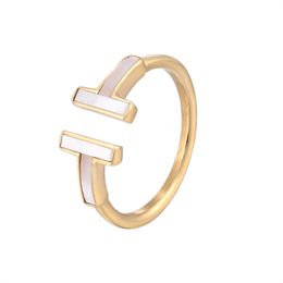 Straight Titanium Steel 14k Gold White Shell Open Ring Simplified Letter Female Geometric Index Finger