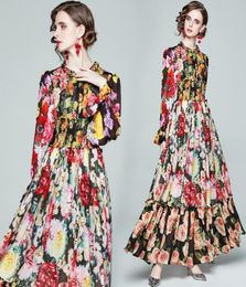 Floral Rose Printed Maxi Swing Dress Long Sleeve 2022 Designer Runway Ladies Stand Collar Ruffle Flowy Chiffon Dresses Casual Beac7570259