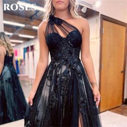 Party Dresses ROSES One Shpulder Appliques Evening Lace Charming Prom Dress A Line With High Split Vestidos De Noche