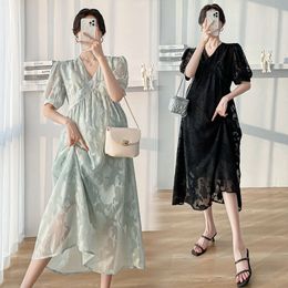 Sweet Summer Maternity Clothes Fashion Pregnancy Lace Dresses Short Sleeve O-Neck Loose Pregnant Woman A-Line Dress with Lining L2405