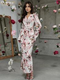 Casual Dresses Clacive Fashion Slim Print Women's Dress 2024 Bodycon V-Neck Long Sleeve Ankle Length Vintage High Waist Female