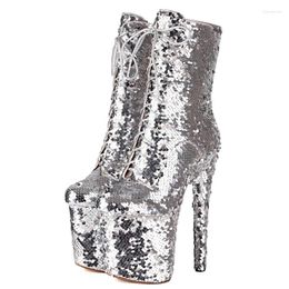 Boots Luxury Ankle For Women Platform Sexy Sequined Super 20cm High Heels Short Boot Female Gold Silver Party Strip Dance Shoes