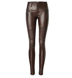 Women039s Brown Coated Jeans Skinny Stretch Low Waist Pants Motorcycle Biker Jeans Multi Zipper Punk Faux PU Leather Pencil Pan3884030