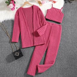 Clothing Sets 8-12 Years Autumn Spring Suits Rose Red Long Sleeve Top & Pants Solid Colour Casual Vacation For Girls