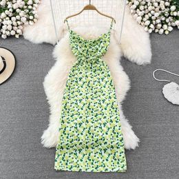 Casual Dresses 2024 Summer Korean Girls Floral Suspender Long Dress Holiday Fashion Women Slim Backless Sleeveless Spaghetti Strap