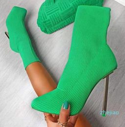 designer Sexy Women Sock Boots Green Knitted Short Ankle Boot High Heels Square Toes 2021 Autumn Winter Ladies Fashion Shoes2098930