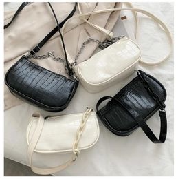 Shoulder Bags Spring Retro Baguette Bag For Women Chain Stone Grain PU Zipper Crossbody