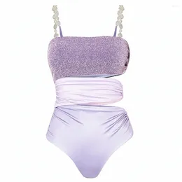 Women's Swimwear 2024 Purple Swimsuit Women Deep-V One Piece Mesh Ruffle Beachwear Bathing Suit Vintage Retro Monkini Backless Push Up