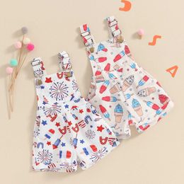 Jumpsuits Girls Summer Independence Day jumpsuit sleeveless ice/fireworks printed pendant shorts Y240520V1L3