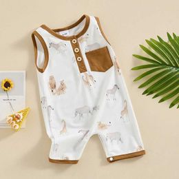 Jumpsuits 0-18M Boys Sleeveless Jumpsuits 2024 Summer Baby Summer Clothes Cartoon Animal Print Front Pocket Romper for Baby Infant Y240520KBVC