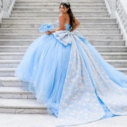 Lorencia Blue 3D Butterfly Off Shoulder Corset Quinceanera Dress Ball Gown Bow Applique Lace Sweet 16 Vestidos De 15 Anos Graduations Prom Party Dress