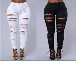 High Street Women Skinny Jeans Sexy Ripped Skin Tight Jeans Fashion Black and White Pencil Denim Pants7508692
