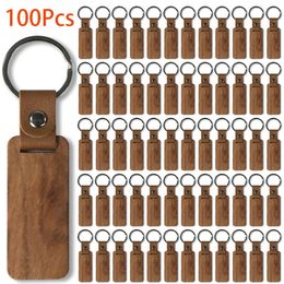 100Pcs Blank Wood Keychains PU Leather Keychain Rectangular Wood Key Chain 240516