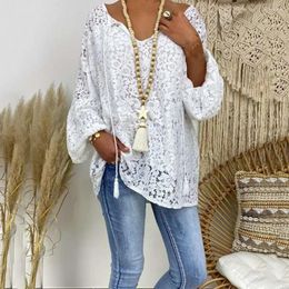 Women's Blouses V-neck Women Spring Top Long Sleeve Solid Hollow Out Loose Lace Daily Wear Flower Embroidery Pullover Lady Female Clothes