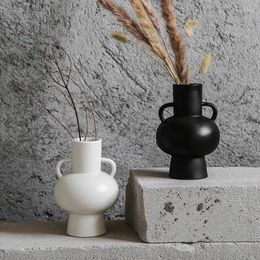 Vases Personalized White Black Ceramic With Double Ears Modern Handmade Decorative Tabletop Desk Flower Vase For Home Decoration