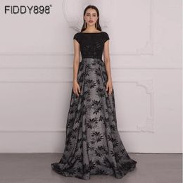 Party Dresses 2024 Black Lace Evening Gowns For Women A-Line Cap Sleeves Beaded Bodice Formal Dress Long Elegant Robe Soiree