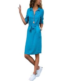 Fashion Turndown Collar Party Autumn Shirt Dress Women Solid Three Quarter Sleeve Summer Dress Plus Size Casual Vestidos Robe5663823