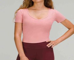 lu Short Sleeve Quick Dry T Shirts Women V Neck Running Tshirts Fitness Sports Yoga Crop Tops Workout Gym Tank Top Sportswear2595248