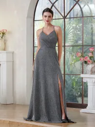 Sparkle Grey Mermaid Bridesmaid Dresses Elegant Sleeveless Pleats Front Split Maid Of Honor Gowns Satin Evening Prom Dress Bm3218