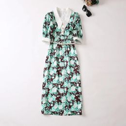 Party Dresses European And American Women's Clothes 2024 Summer Lapel Five-quarter Sleeve Floral Print Fashion Beaded Chain Belt Dress XXL